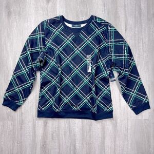 Karen Scott Women’s M NWT Blue Green Plaid Crew Neck Sweatshirt New
